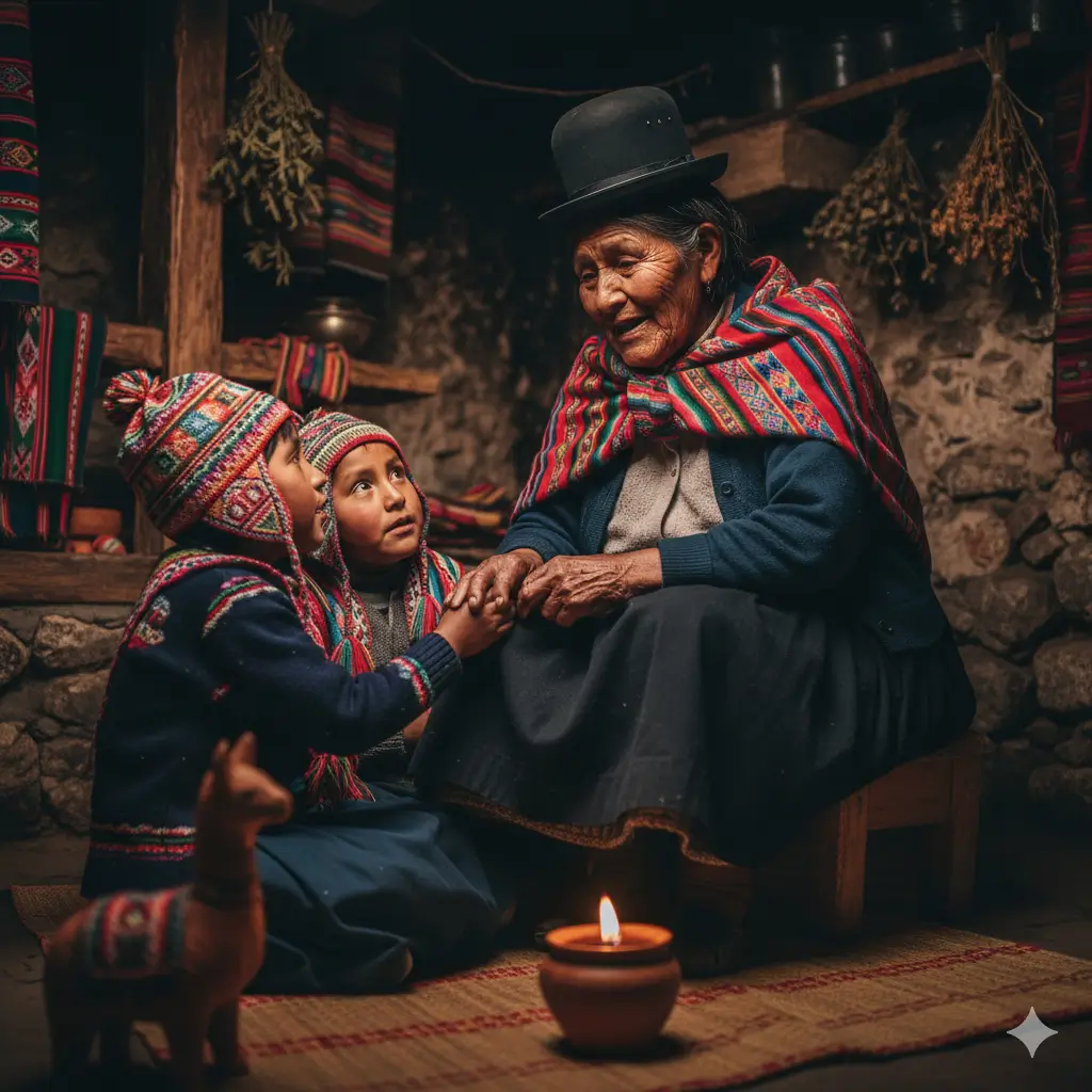 Anciana aymara narrando historias a niños en una comunidad andina, transmitiendo oralmente su cultura.