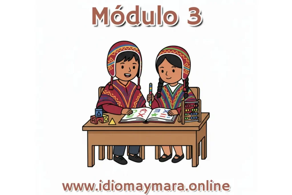 Dos niños con vestimenta tradicional estudiando en el Módulo 3