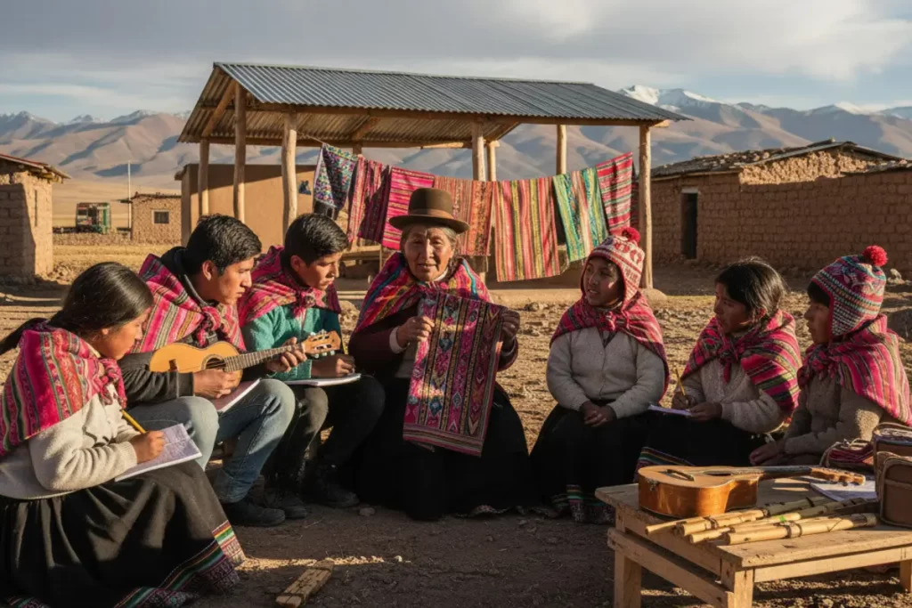 Jóvenes aprendiendo aymara de una mujer mayor al aire libre, con instrumentos y textiles andinos, destacando el aprendizaje comu