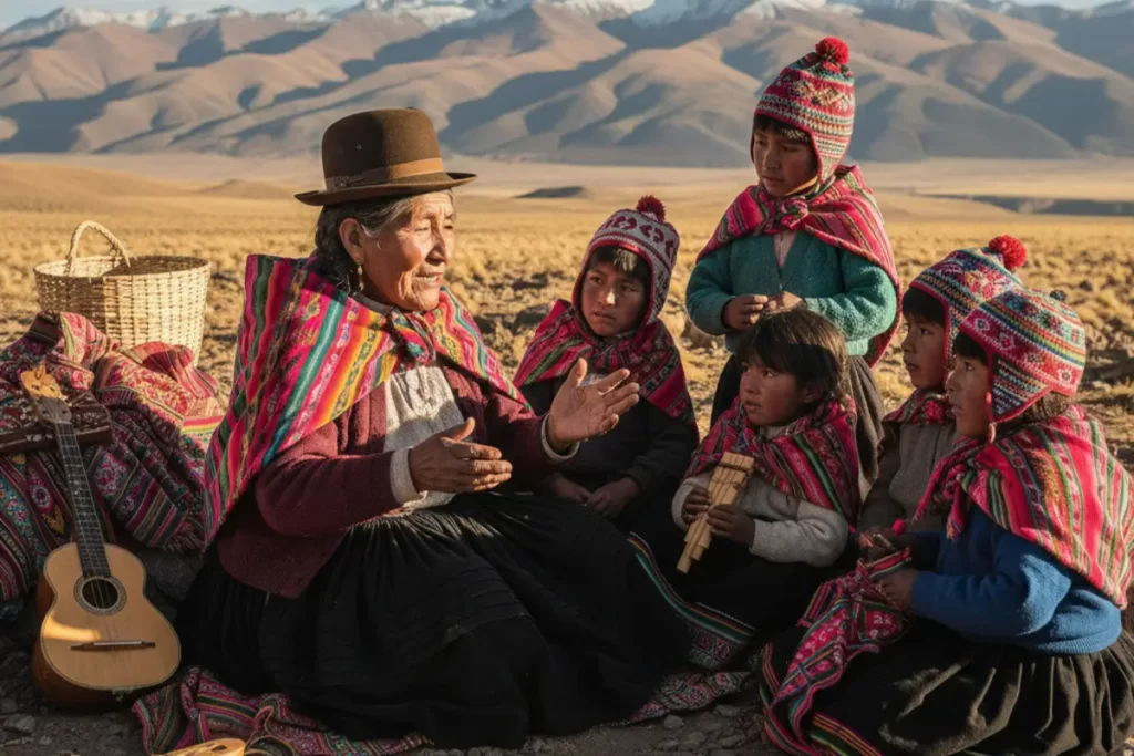 Mujer aymara mayor contando historias a niños en un paisaje andino, representando la transmisión oral de la cultura