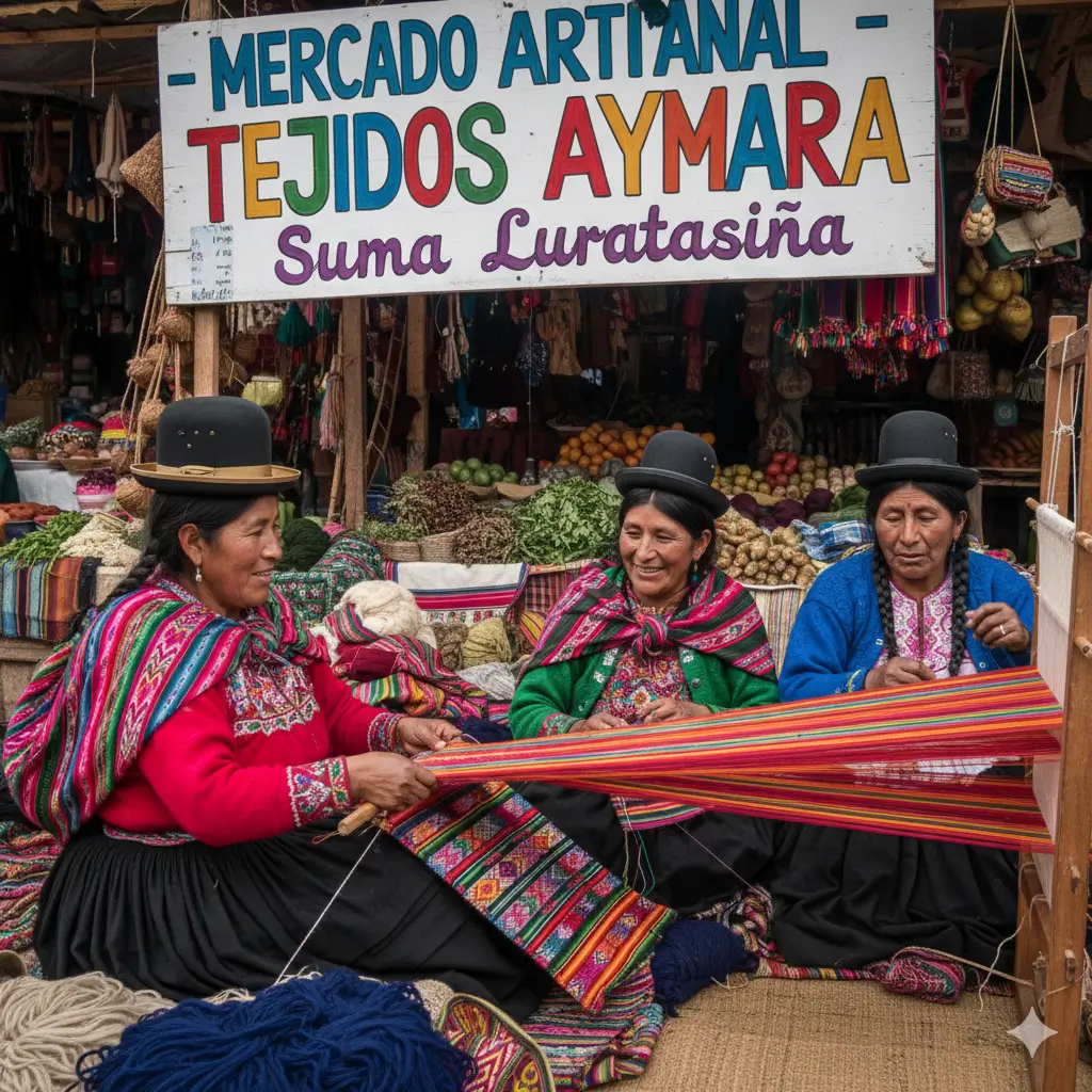 Mujeres aymaras tejiendo en un mercado tradicional de Bolivia, mostrando la riqueza cultural del idioma.