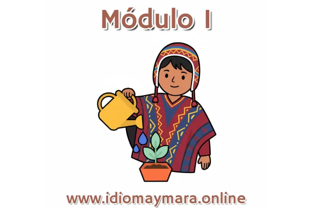 Persona con vestimenta tradicional regando una planta en el Módulo I