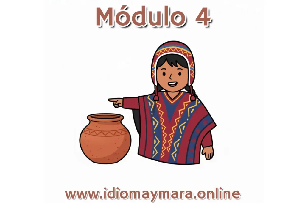 Persona con vestimenta tradicional señalando una vasija en el Módulo 4