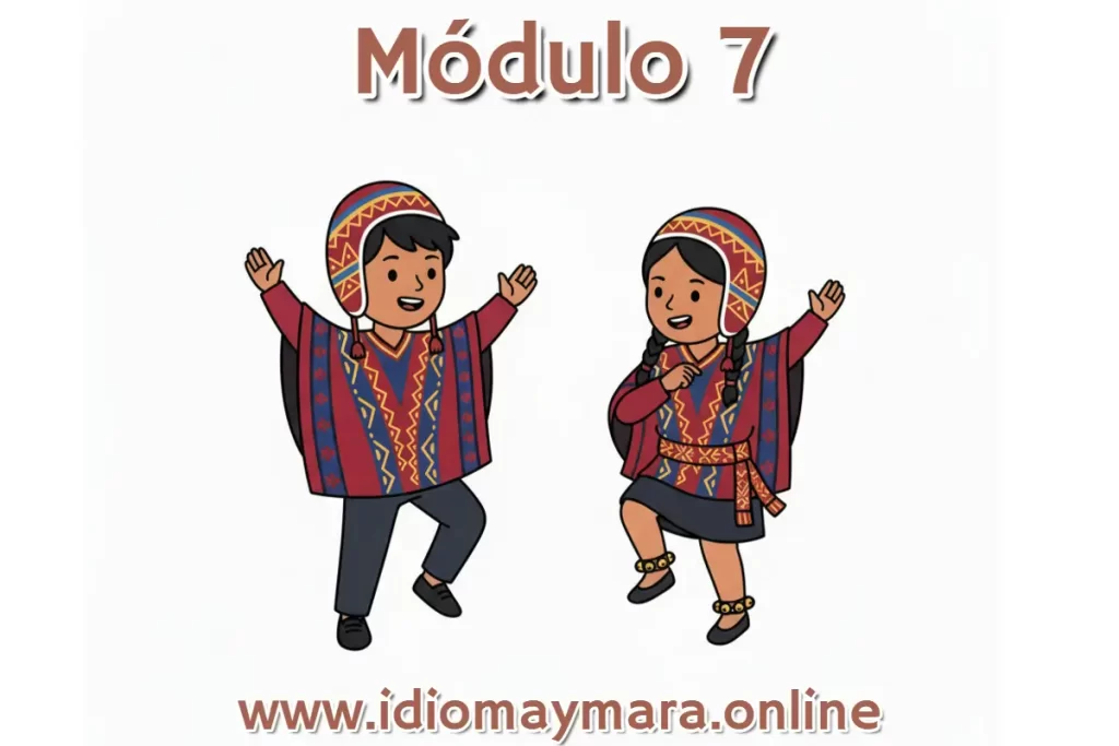 Personas con vestimenta tradicional en poses alegres en el Módulo 7